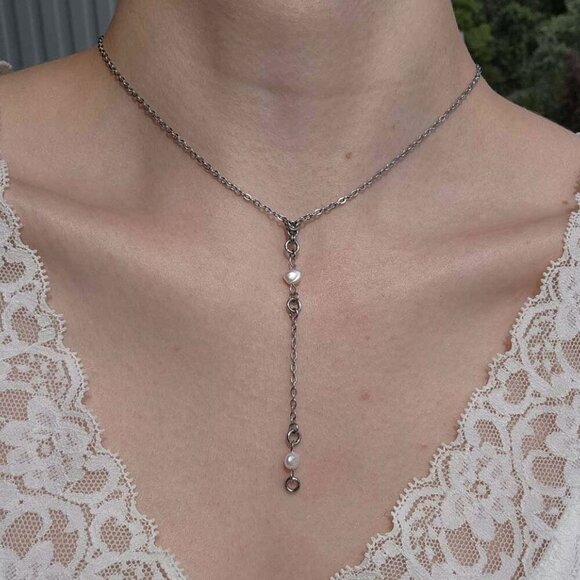 Pearl and silver rosary necklace with a small silver chain ✦ Modern Medieval ✦ - Picture 2 of 8